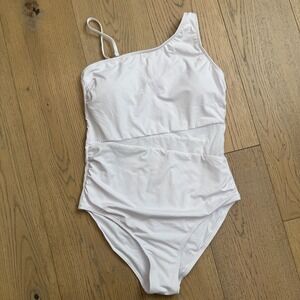 NEW YONIQUE White One Shoulder Mesh Waist Ruched One Piece Swimsuit Large